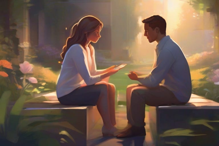 A beautiful digital illustration portraying the essence of mentorship. The art form features a mentor and mentee sitting in a peaceful garden, engaged in a deep conversation.
