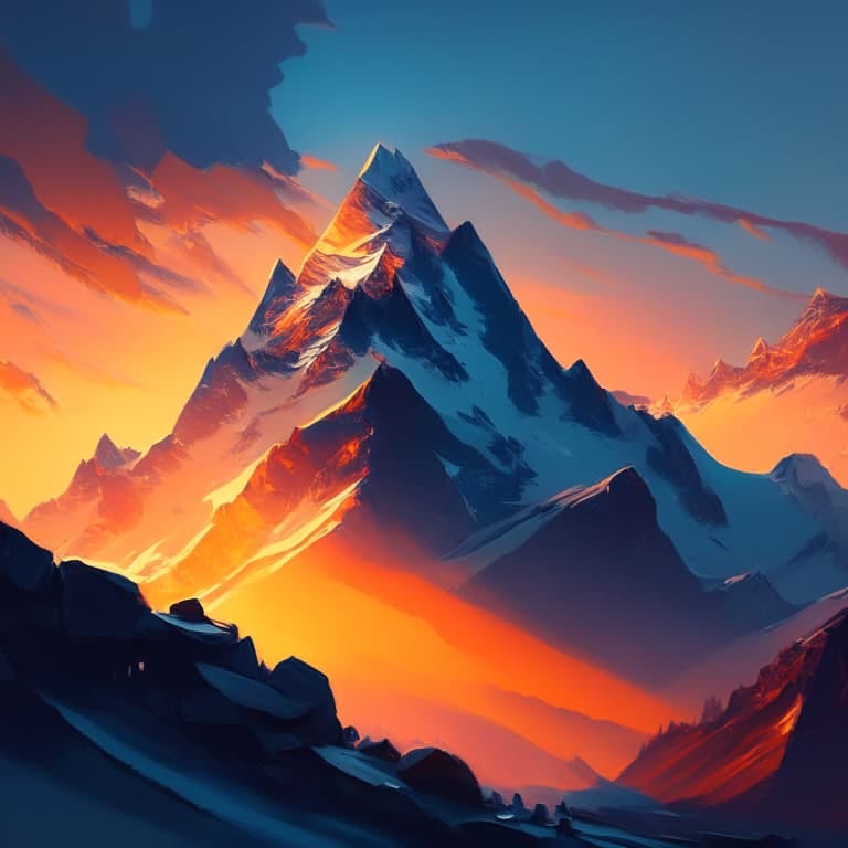 AI-generated stylized painting of a mountain range at sunset.