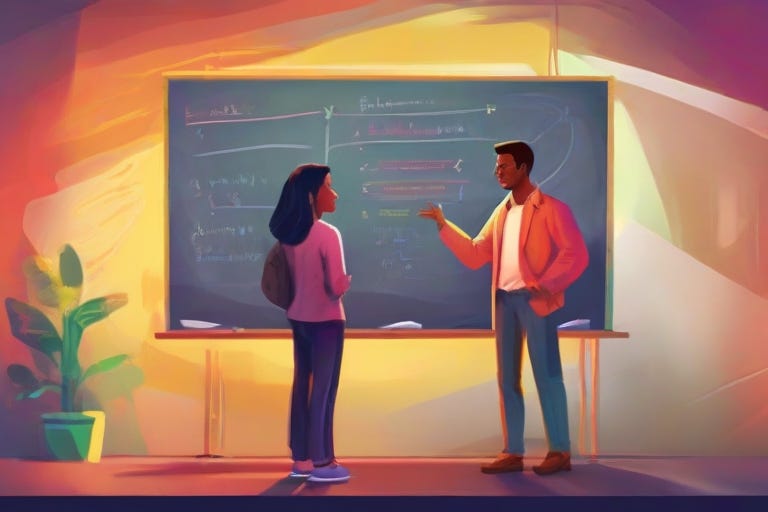 An illustration featuring a mentor and mentee standing in front of a chalkboard engaged in a thought-provoking discussion.
