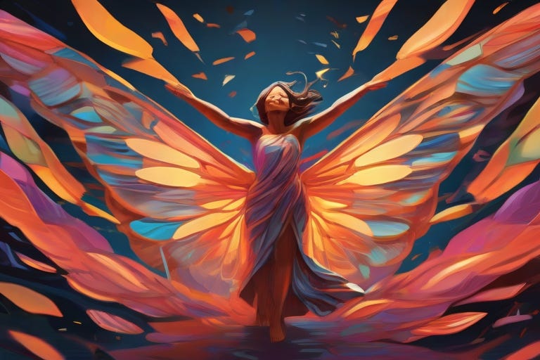 A vibrant and dynamic digital illustration showcasing personal growth. The artwork depicts a person breaking free from a cocoon, with colorful wings spread wide, representing the unlocking of their potential.
