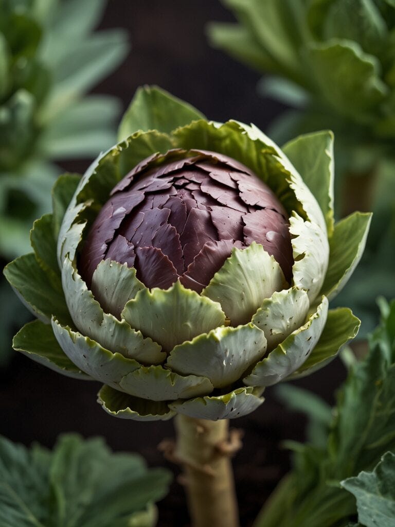 A close-up image of a purple and green hydroponic artichoke growing, with its leaves partially open, set against a dark, leafy background.