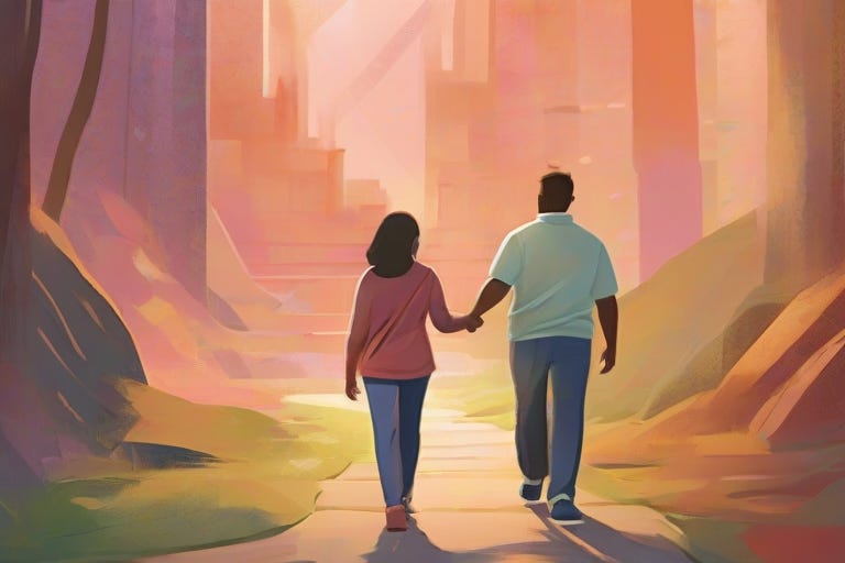 digital illustration showcasing a mentor and mentee walking side by side on a path toward success. The artwork captures their shared values and aspirations, symbolized by a meeting of minds and similar goals.