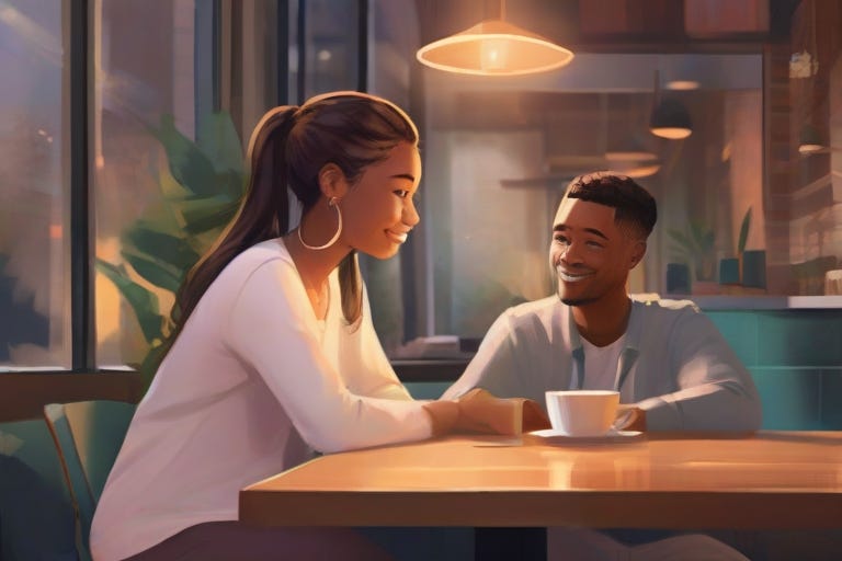 A digital illustration representing a mentor and mentee sitting across from each other. The artwork showcases their genuine connection and understanding.