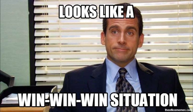 A meme of Michael Scott from The Office with the text “Looks like a win-win-win situation” superimposed.