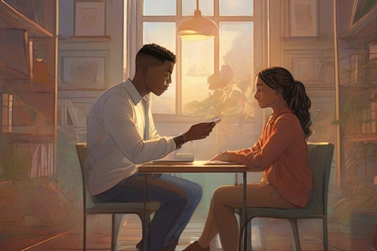 A captivating digital illustration depicting personal development through mentorship. The scene features a mentor and mentee engaged in a deep conversation, with the mentee mirroring the mentor’s confident posture and expressive gestures.