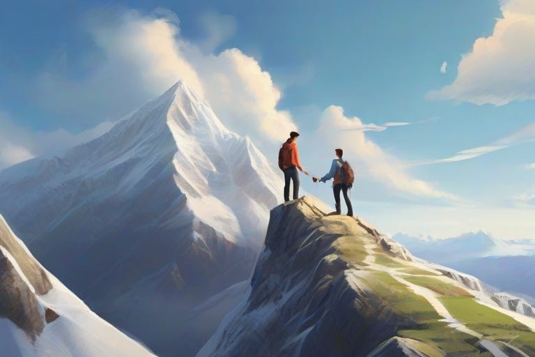 An illustration showcasing a mentor and mentee climbing a mountain, representing the journey of personal and professional growth.