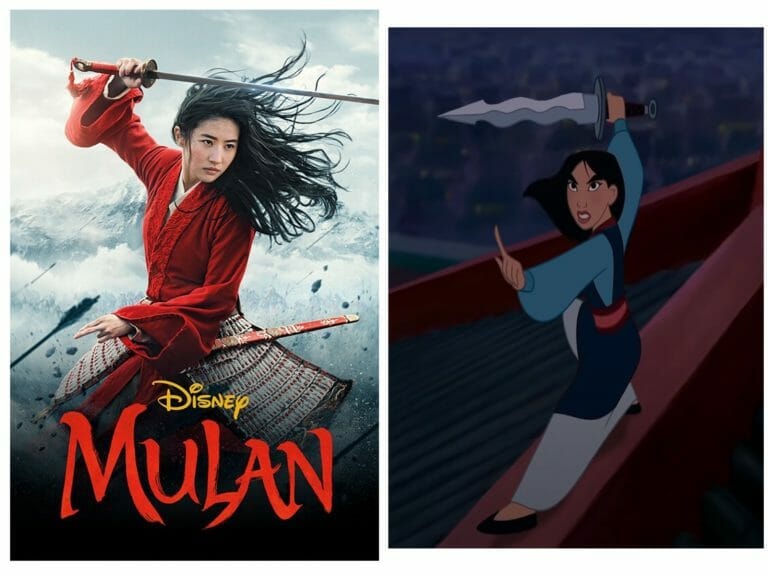 Side by side comparison of the 2020 Mulan with the 1998 Mulan, both wielding swords.