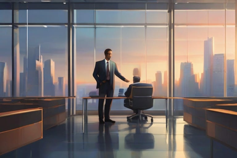 An engaging illustration showcasing a mentor and mentee navigating through a corporate landscape.