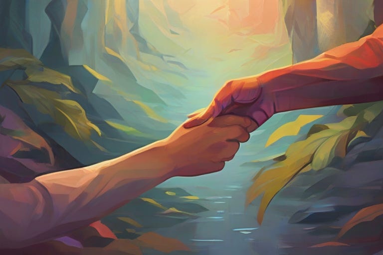 A digital illustration featuring two hands reaching out towards each other, forming a strong connection. The image symbolizes the bond between a mentor and a mentee, highlighting the importance of guidance and support.