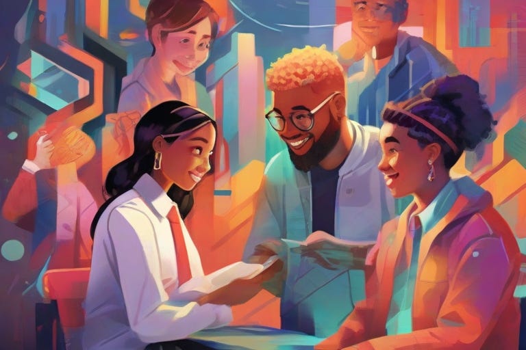 A vibrant illustration representing the acquisition of new skills through mentorship. The artwork showcases a group of diverse individuals engaging in a lively conversation, exchanging knowledge and ideas.