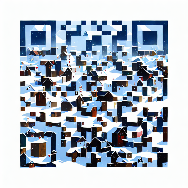 Image of a QR-code that shows some houses in the snow