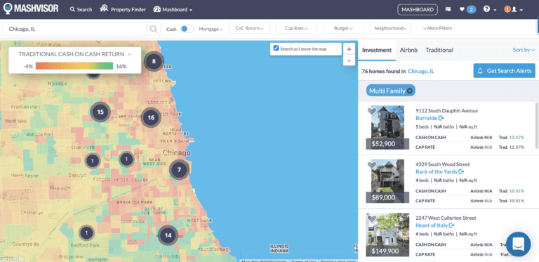 Use a real estate heatmap to find top neighborhoods with multi family homes for sale in Chicago.