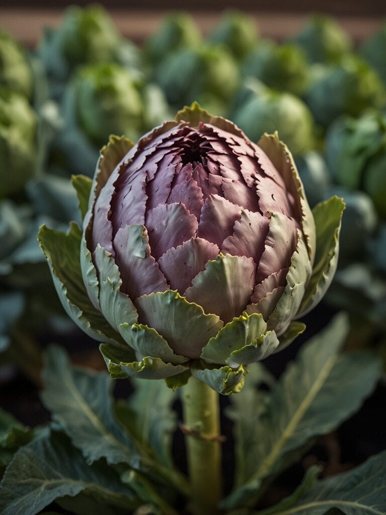 A large, reddish-purple hydroponic artichoke stands prominently against a blurred background of green artichokes in a garden.