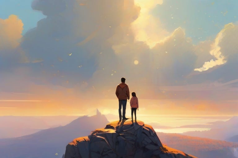 An enchanting still image showcasing the growth opportunities offered by mentorship. The artwork portrays a mentor and mentee standing on a mountain peak, gazing at the vast possibilities ahead.