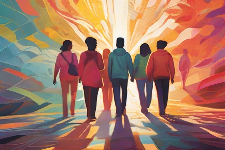 An inspiring illustration showing a group of people walking together towards a bright, shining light. The artwork portrays a diverse group, each individual with unique traits and characteristics, united in their pursuit of growth and learning.