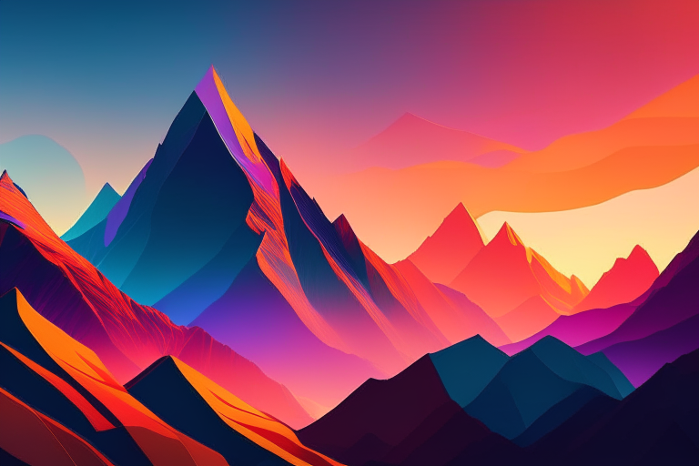 AI-generated stylized painting of a mountain range at sunset.