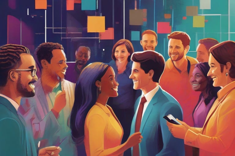 An inspiring illustration capturing the networking and growth opportunities that mentorship provides. The artwork depicts a mentor introducing their mentee to a diverse group of influential individuals.