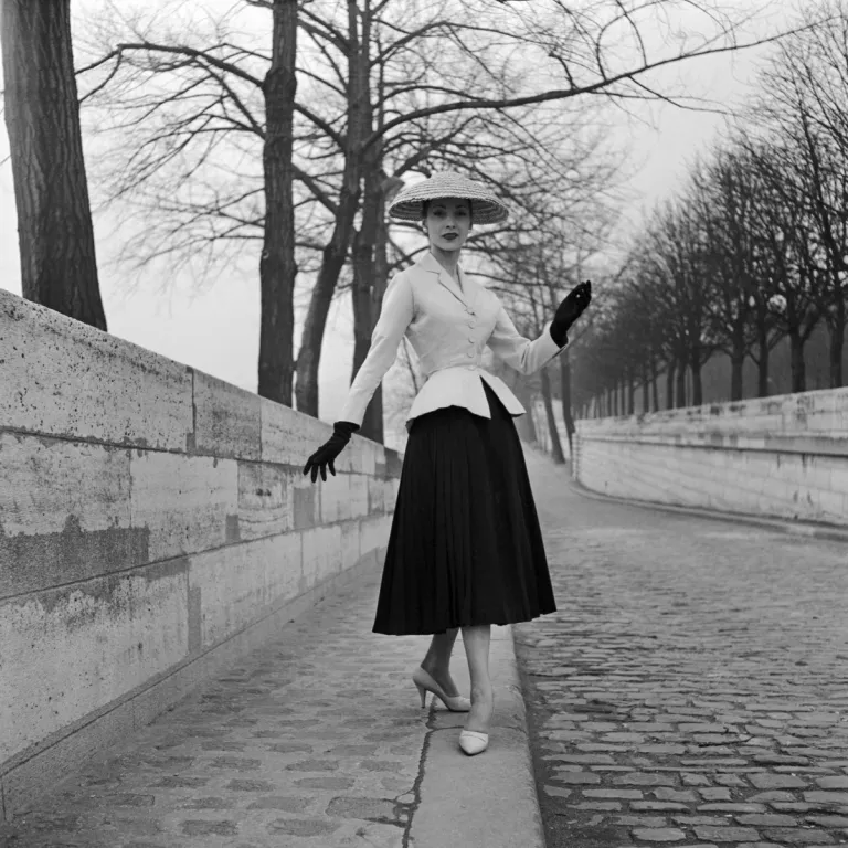 Foto em preto e branco de uma modelo utilizando um blazer, saia rodada midi, luvas, chapéu e sapatos de salto fino, todos da edição de verão da Dior de 1947