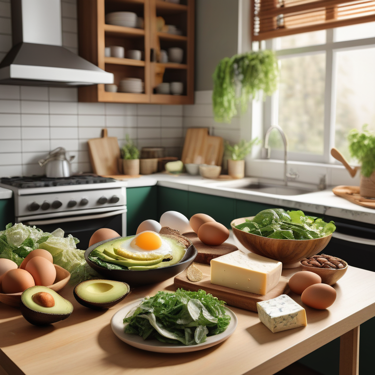 A variety of keto diet foods arranged tastefully on a well-lit kitchen counter.