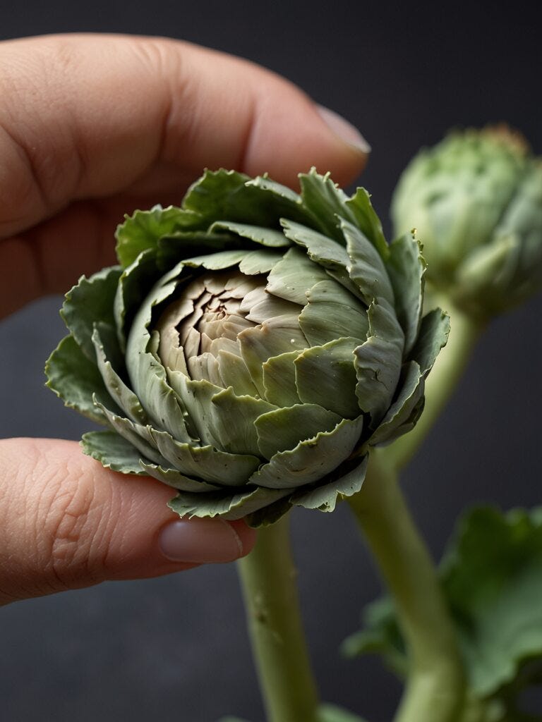 A close-up image of a person's fingers holding a fresh hydroponic artichoke with visible leaves and stem, against a dark background.