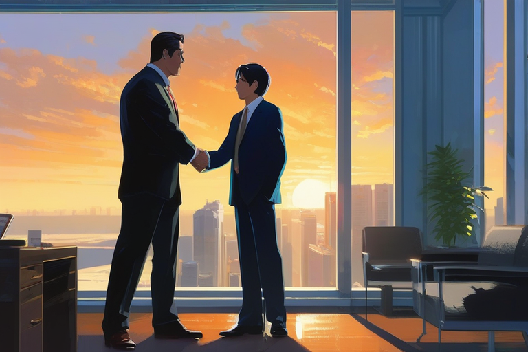 business men shaking hands in an office at sunset
