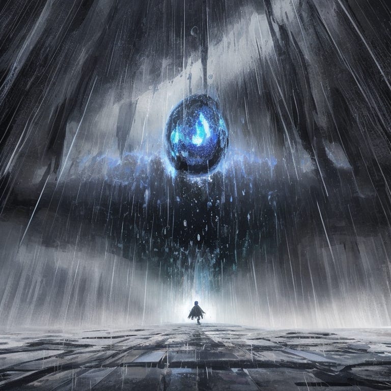 Rain falling down on cobble square. A shilouette of the person in distance. Magical ball/egg flying over mist. Image generated by Leonardo AI.