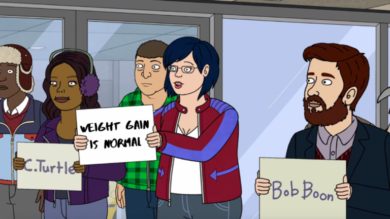 Personagem Diane, de Bojack Horseman, segurando uma placa escrito "Ganho de peso é normal", junto a outros manifestantes.