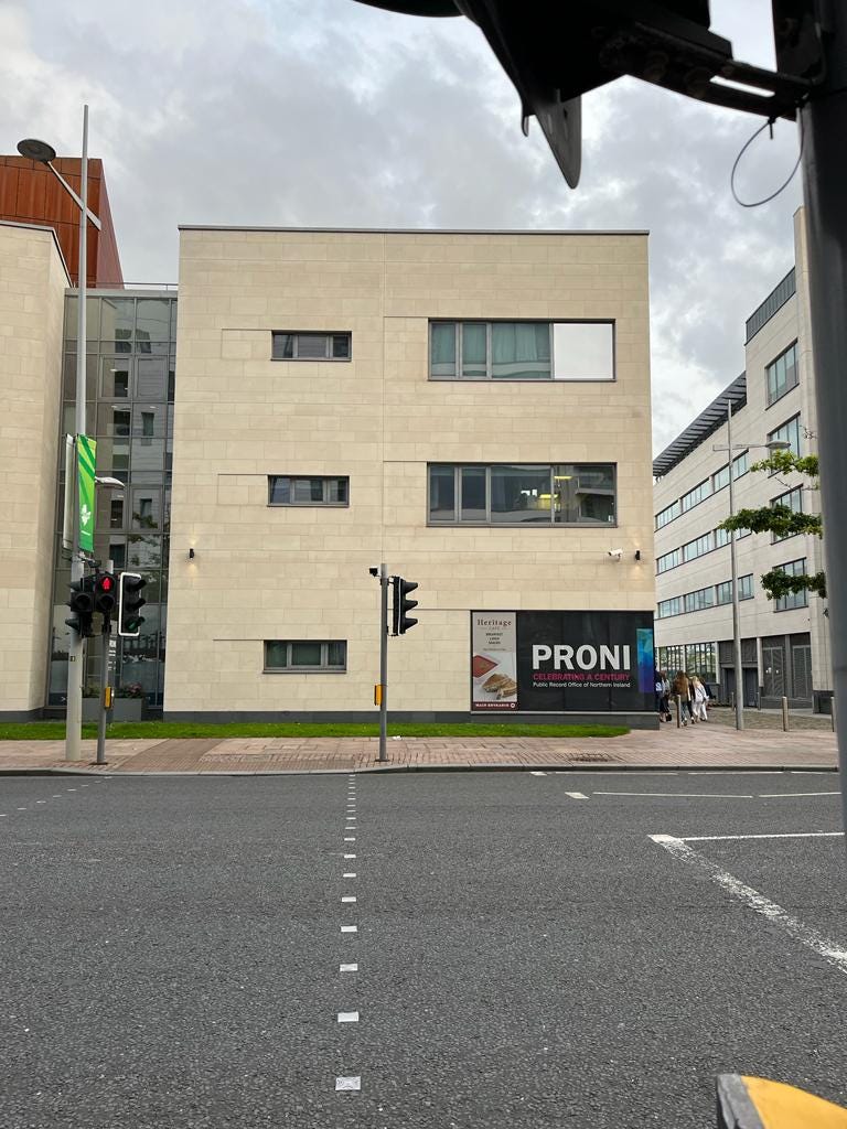 An outside view taken from across the road of part of the building housing the Public Record Office of Northern Ireland. Photograph taken by Natalie Adams.