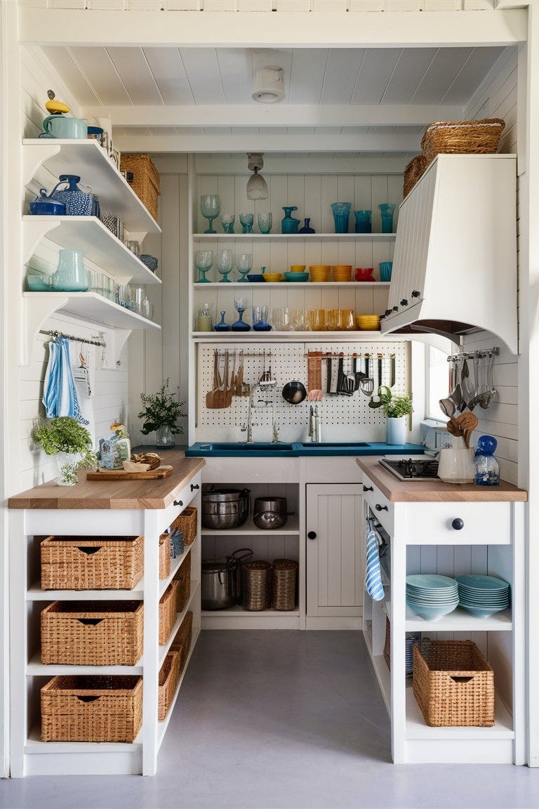 Small coastal kitchen with clever storage solutions, including open shelving, a pegboard, and a compact kitchen island with built-in storage