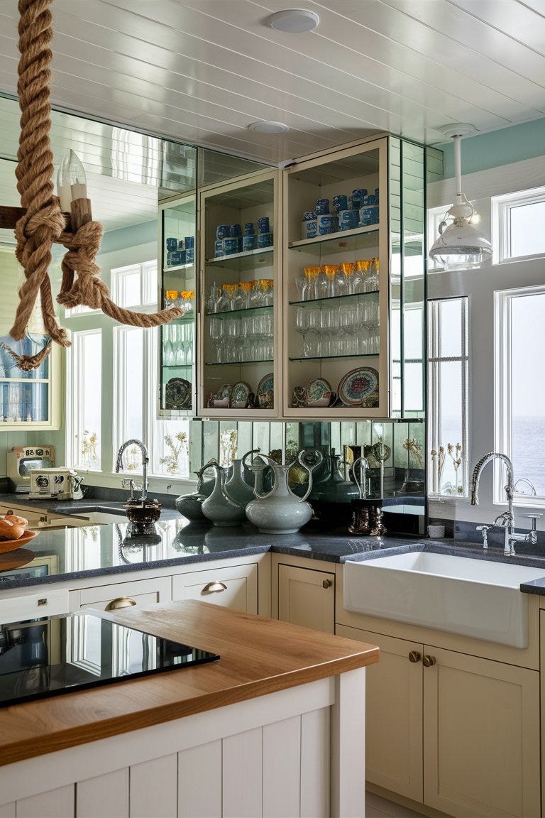Small coastal kitchen with reflective surfaces, including a mirrored backsplash and glass-front cabinets
