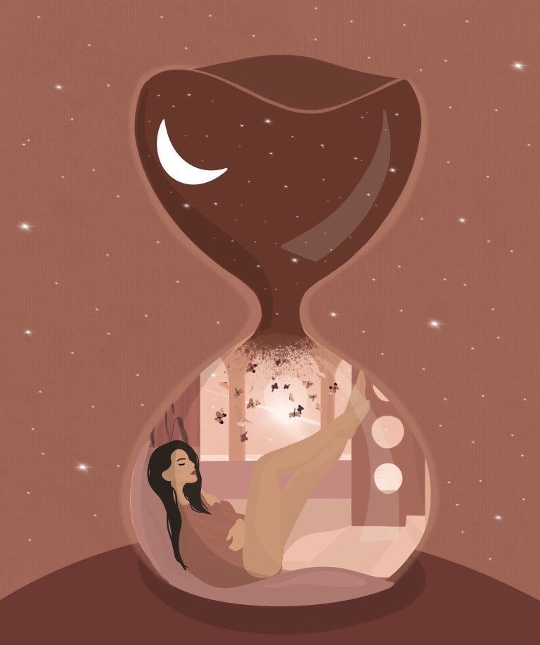 A beautiful graphic of a woman at the bottom of an hourglass in peace as the time passes.