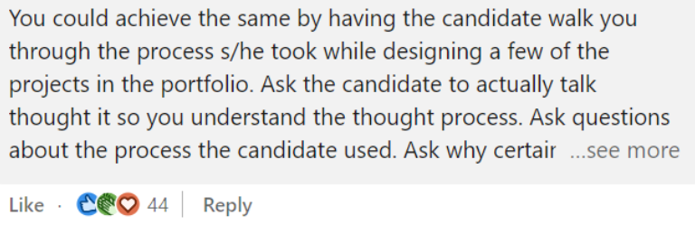 Screenshot of a linkedin comment. The author states that the same can be achieved with a portfolio walkthrough.