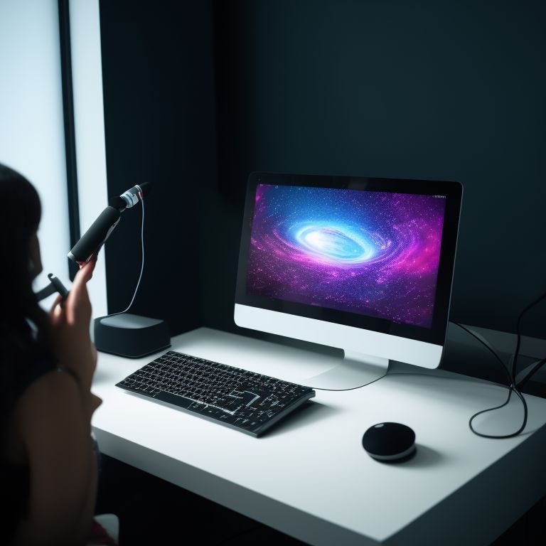 Woman interacting with a laptop computer through a microphone.