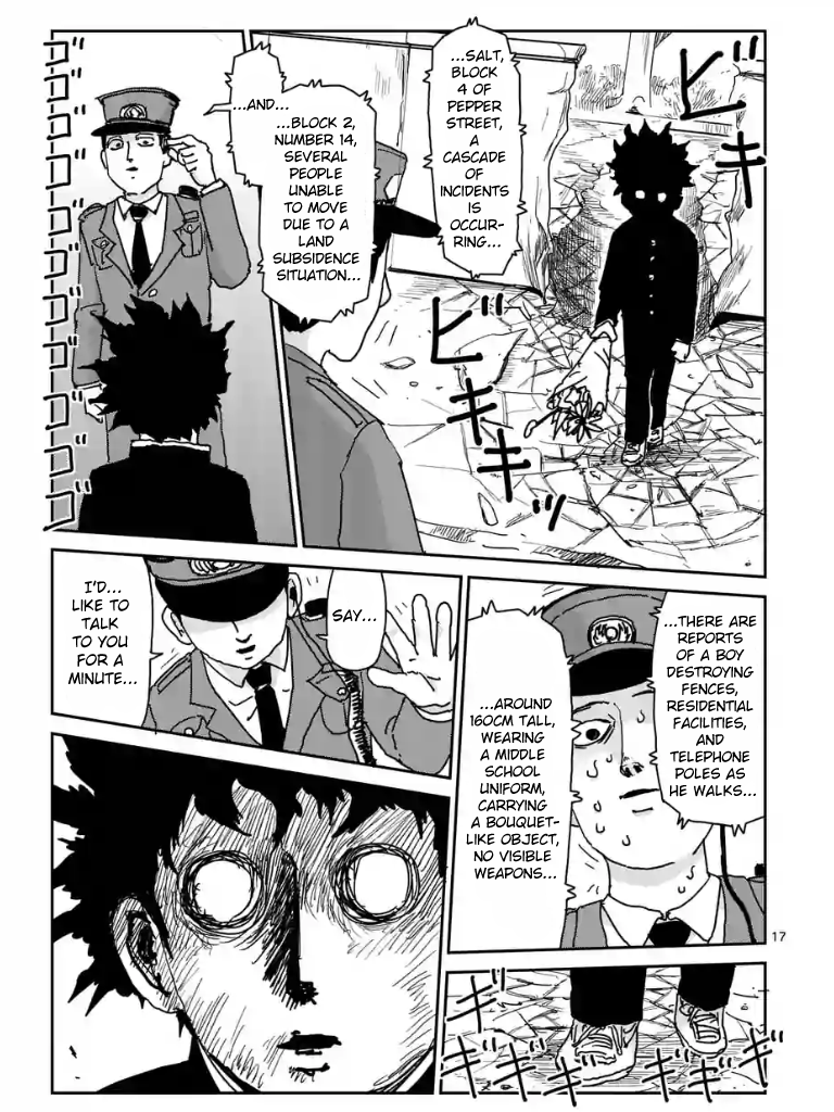A panel from the Mob Psycho 100 manga. Within, a police officer attempts to question a boy with wild black hair, glowing eyes and a slack jaw. The boy’s feet are cracking the pavement under him.