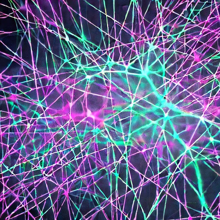 a complex network of neon nodes, like neurons in a brain, floating in a black void
