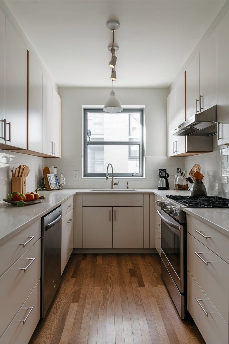 Modern small kitchen with efficient U-shaped layout, clean white cabinets, and stainless steel appliances, soft natural light
