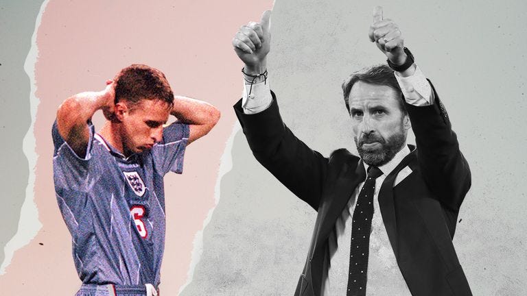 A colour photograph of a devastated young Gareth Southgate on the left, after famously missing a penalty against Denmark in 1996. On the right is a photo of Gareth Southgate in a suit in 2021, celebrating a win as England’s manager.