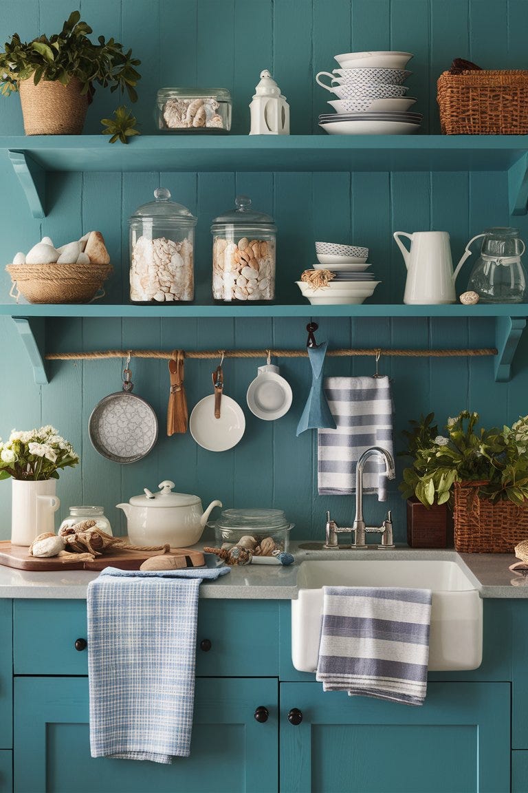 Collection of coastal kitchen accessories, including rope-wrapped handles, seashell-filled jars, and nautical dish towels