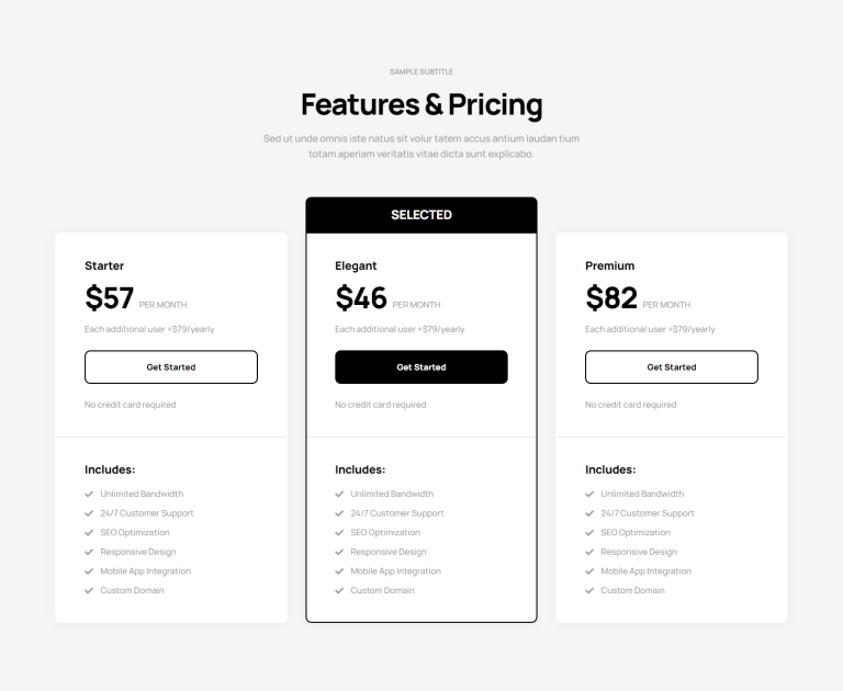 Pricing Table section