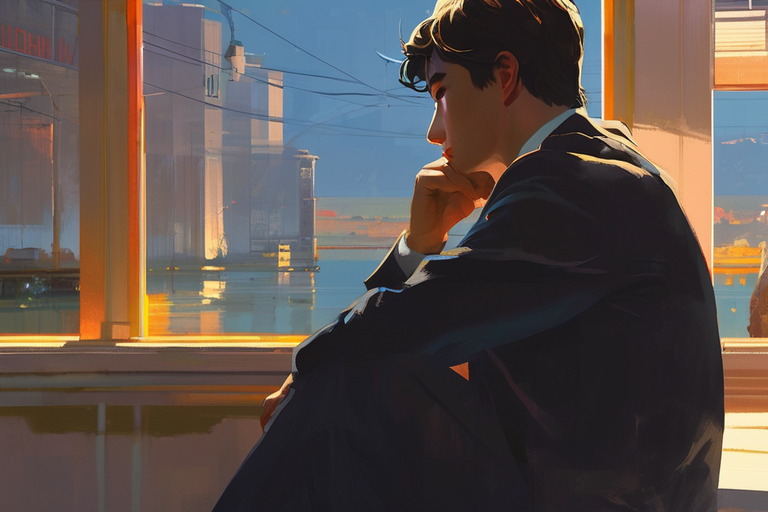 Man in a suit thinking while looking out the window
