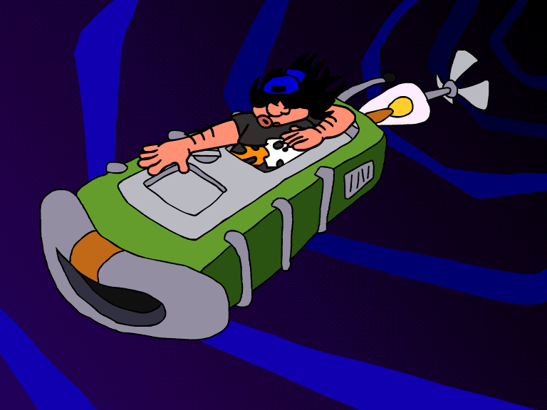 Hoagie is one of the protagonists of Day of the Tentacle and he is surfing on a hi-tech port-o-potty through time.