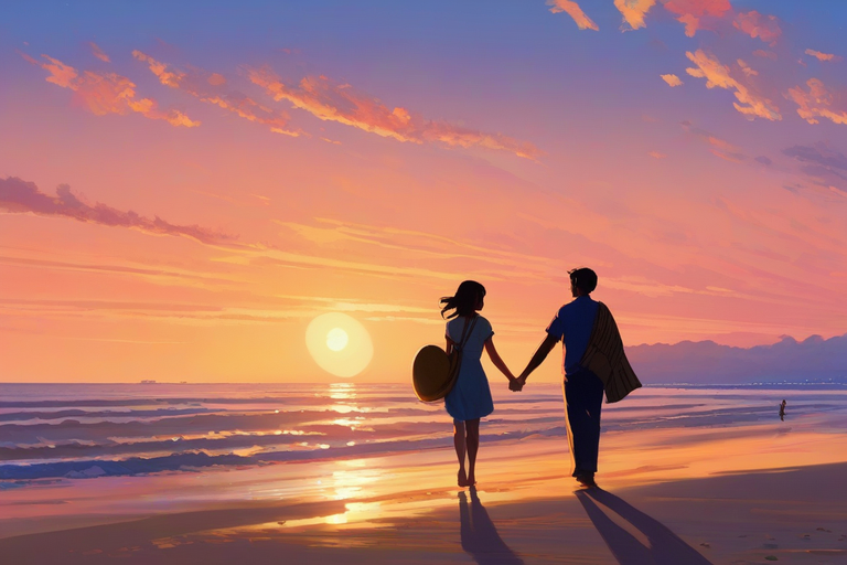 Happy couple holding hands walking on the beach at sunset
