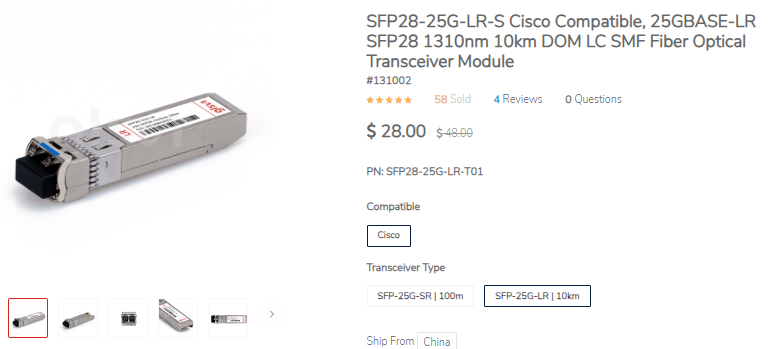 SFP28–25G-LR-S Cisco Compatible, 25GBASE-LR SFP28 1310nm 10km DOM LC SMF Fiber Optical Transceiver Module