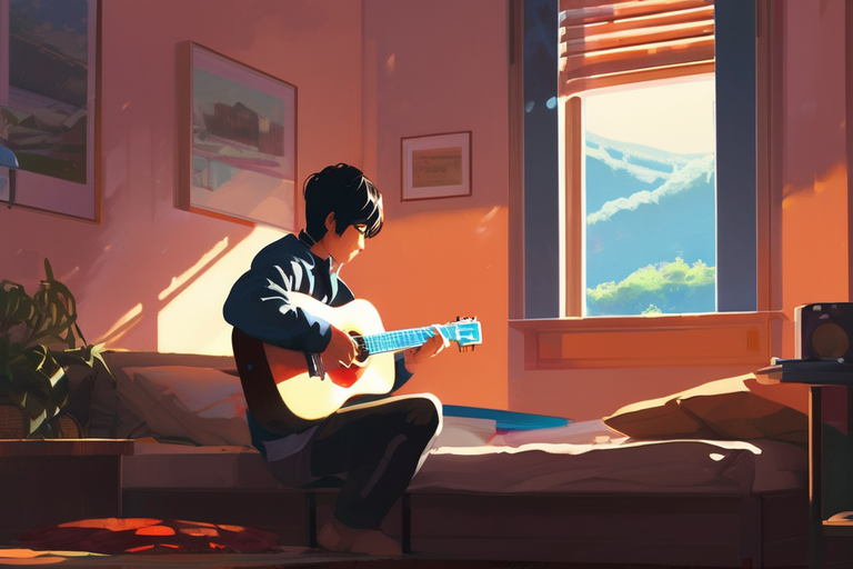 Guy practicing guitar in his room early in the morning
