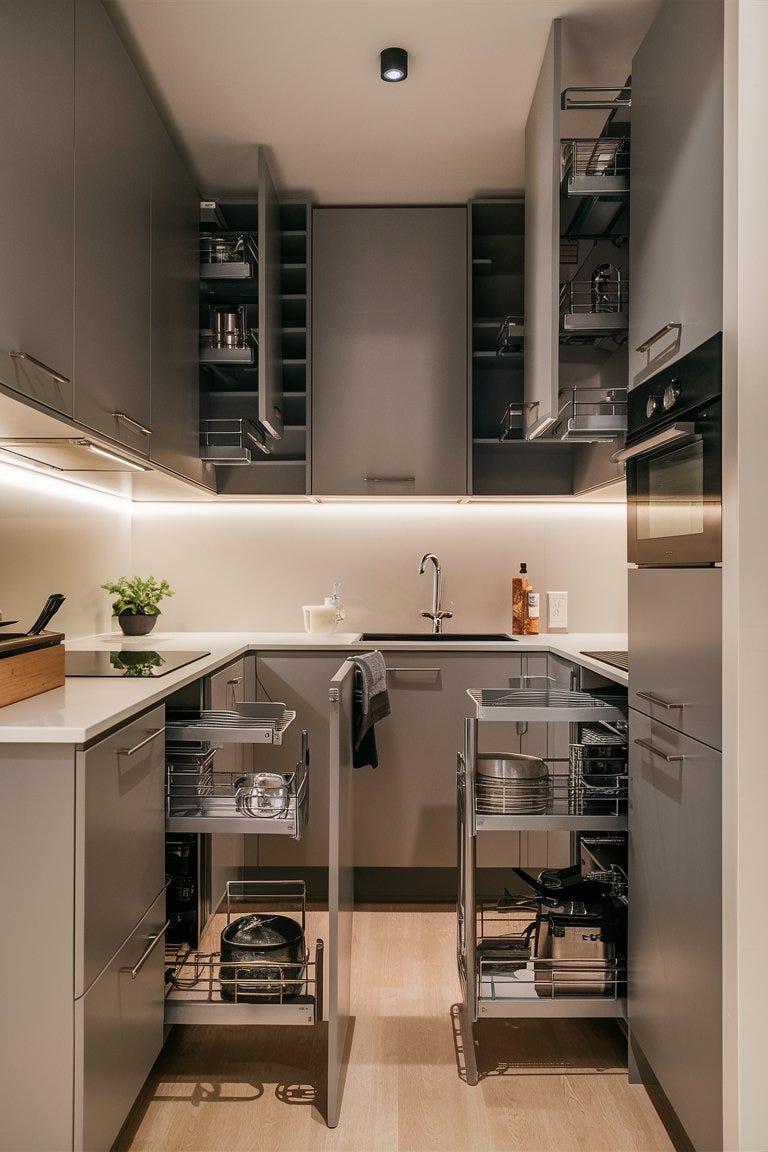 Smart storage solutions in a modern small kitchen, pull-out cabinets and vertical organizers, sleek design