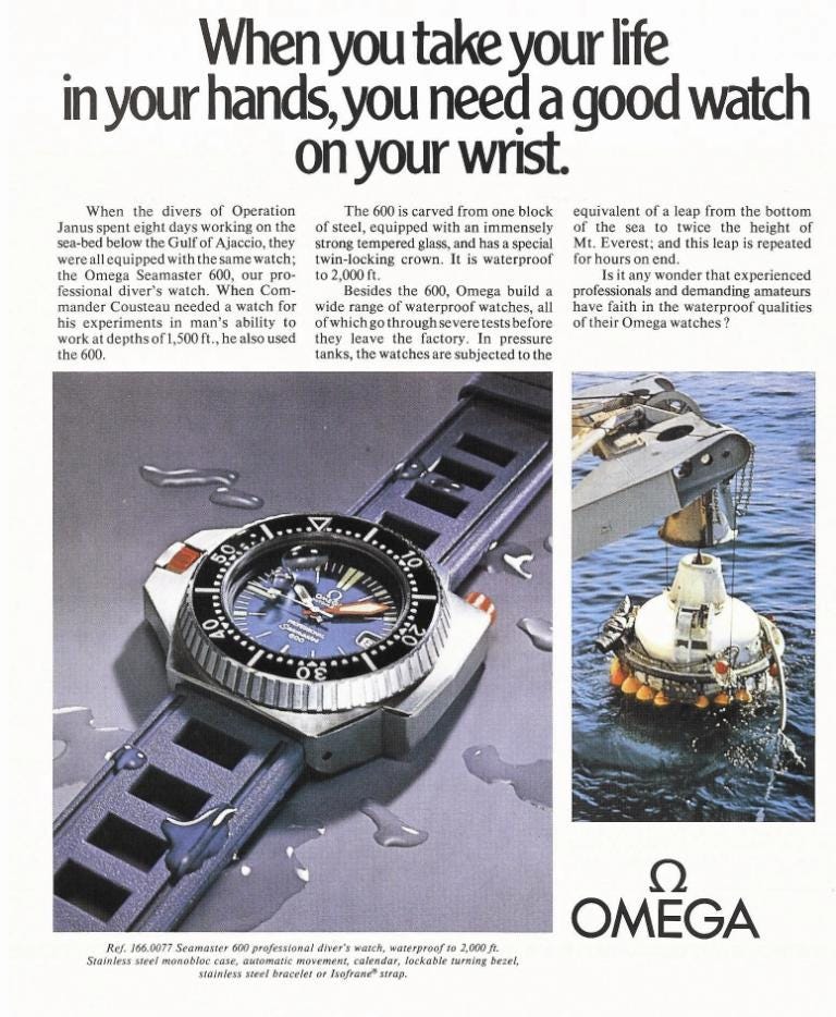 A printed advert with an image of the Omega Seamaster 600 and a diving bell in the sea.