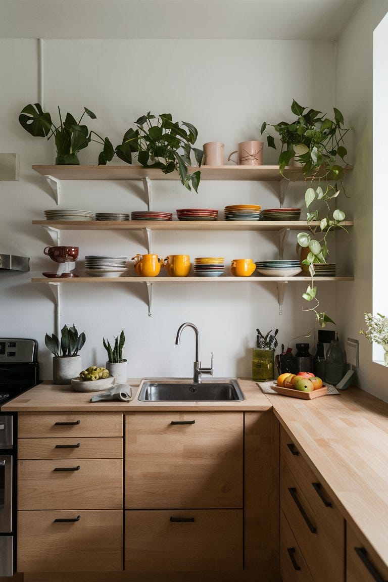 Bright modern small kitchen with open shelving, displaying colorful dishes and plants, minimalist design