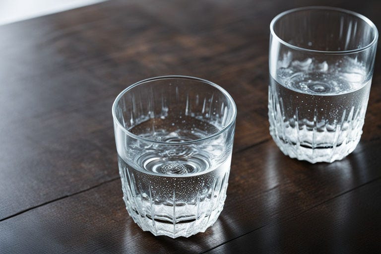 Two glasses of water on a table.