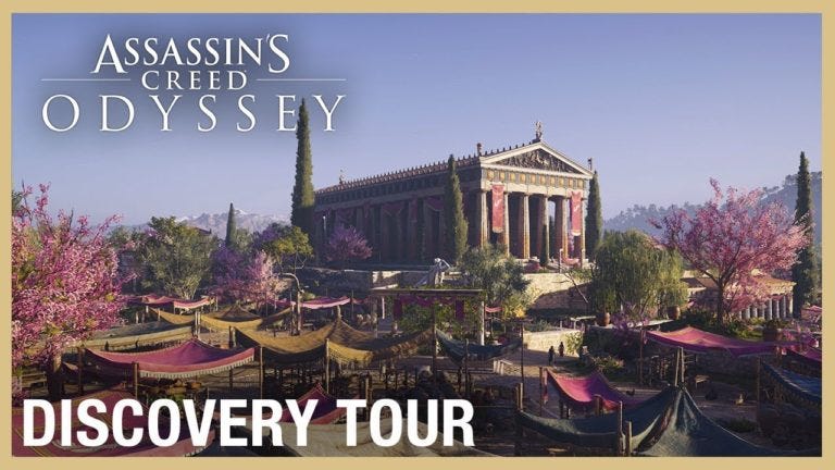 Fictional view of Ancient Greece with Assassin’s Creed Odyssey and Discovery Tour superimposed on top