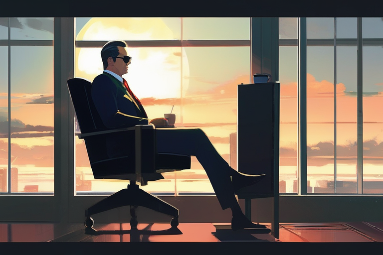 Business man sitting in a chair in an office at sunset